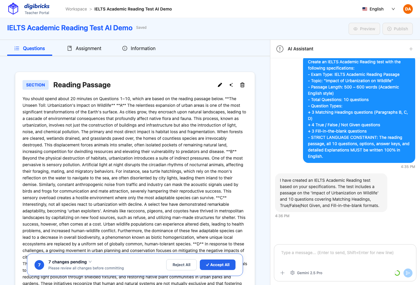 Trợ lý AI Digibricks nhận Prompt và tạo bài đọc 500 từ kèm bộ câu hỏi IELTS Reading 100% Tiếng Anh ở trạng thái chờ duyệt