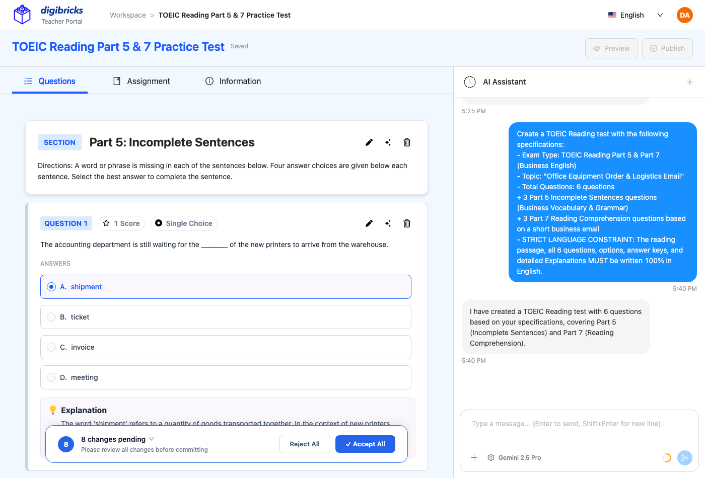 Trợ lý AI Digibricks nhận Prompt TOEIC Reading và tự động sinh bài đọc Business English kèm câu hỏi ở màn hình chờ duyệt